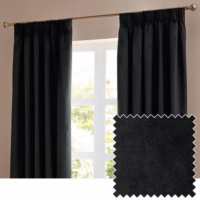 Furn Black Velvet Room Darkening Pencil Pleat Curtain Pair, Width: 168 cm, Drop: 137 cm