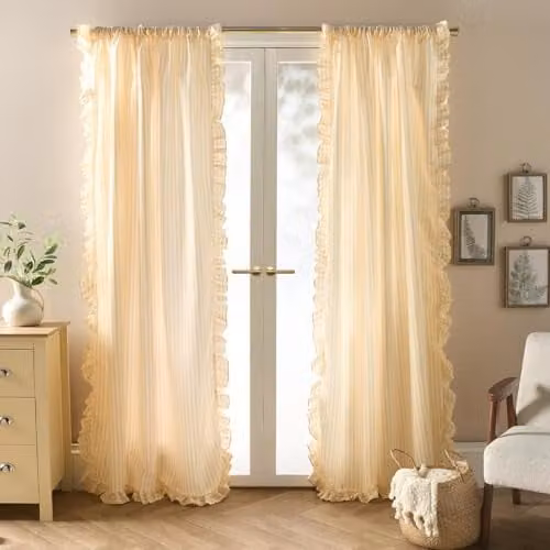 OHS Striped Frill Voile Net Curtain Pair in Yellow and White, W/D/H: 140 x 220 cm
