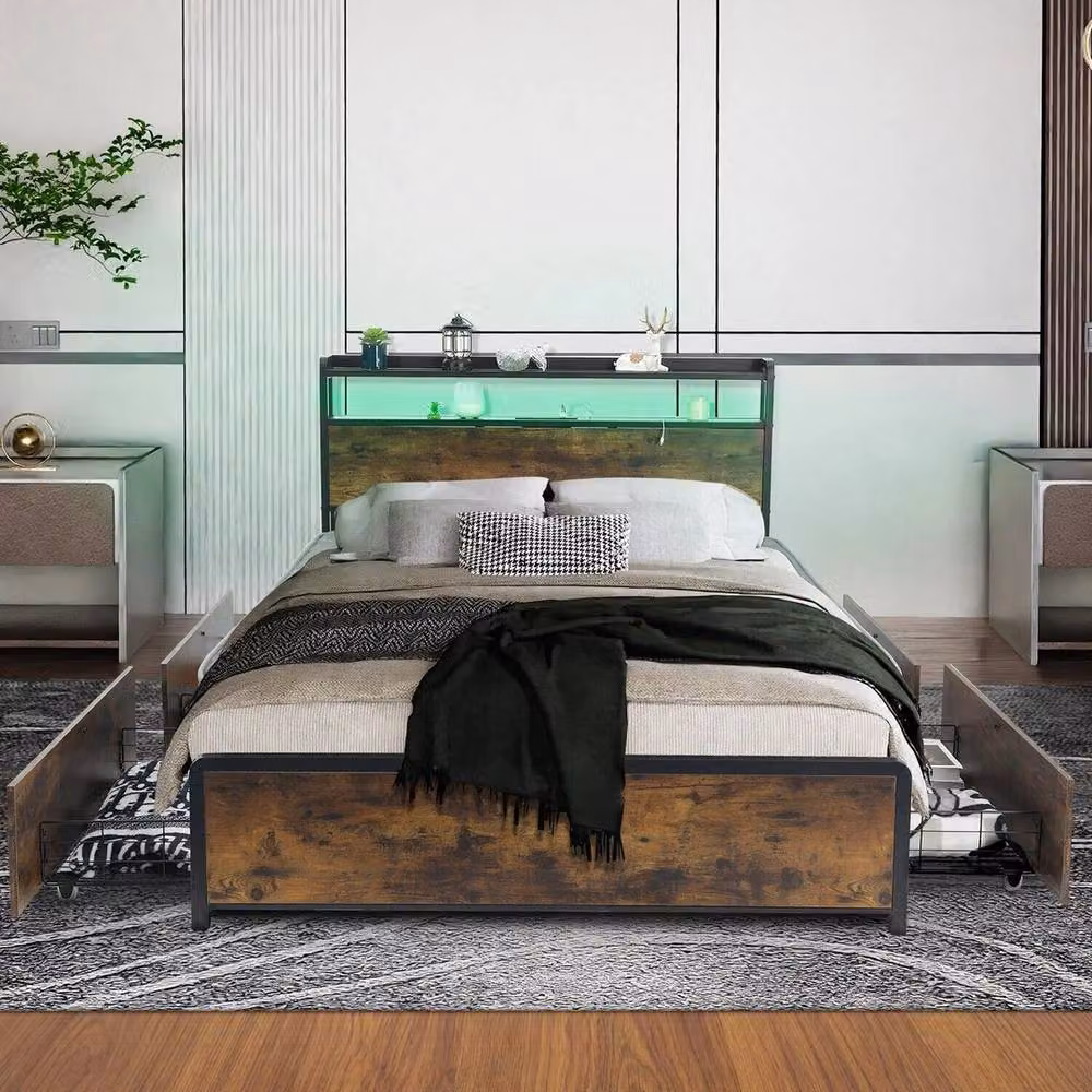 PAWNORA Metal Double Bed Frame with Side Compartments and USB Charging Ports in Brown, W/D/H: 140 x 200 cm – 3
