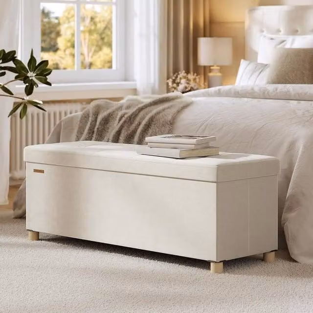 The Bazaarist Velvet Storage Bench with Hidden Compartment in Beige – 1