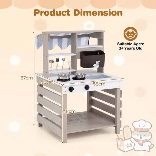 Costway Double-Sided Kids Kitchen Playset with Canopy and Light and Sound Effects in Grey