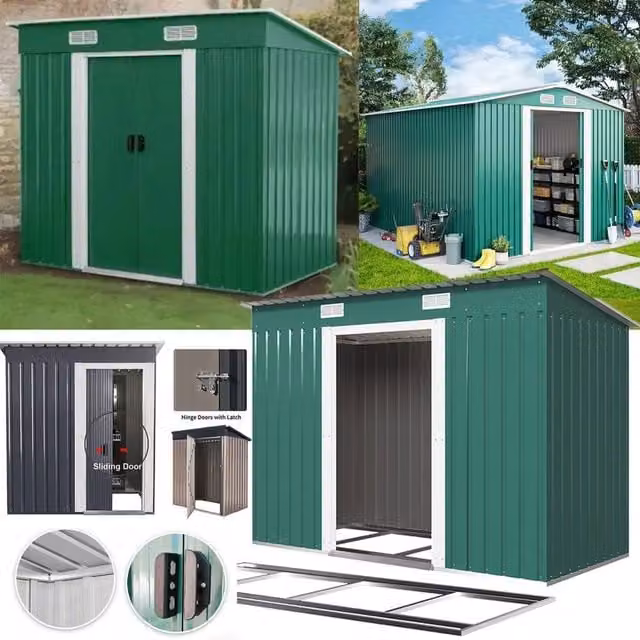 FLAVORA Green Metal Garden Shed with Pent Roof and Double Doors W/D/H: 100 x 15 x 15 cm – 1