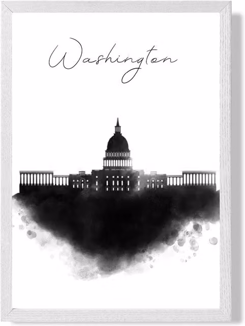 ARTZE Washington Watercolour Skyline City Framed Print in Black with White Frame, A2