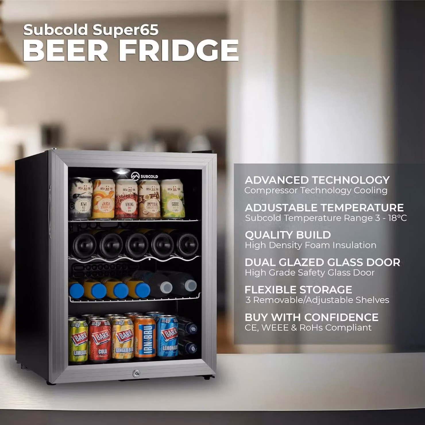 Subcold Super 65 LED Beer Fridge in Silver with Compressor and Lockable Glass Door – 5