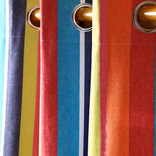 Homescapes Multi Stripes Eyelet Curtain Pair in Multicolour Orange Blue and Yellow, 100% Cotton, W: 140 cm, H: 229 cm – 5