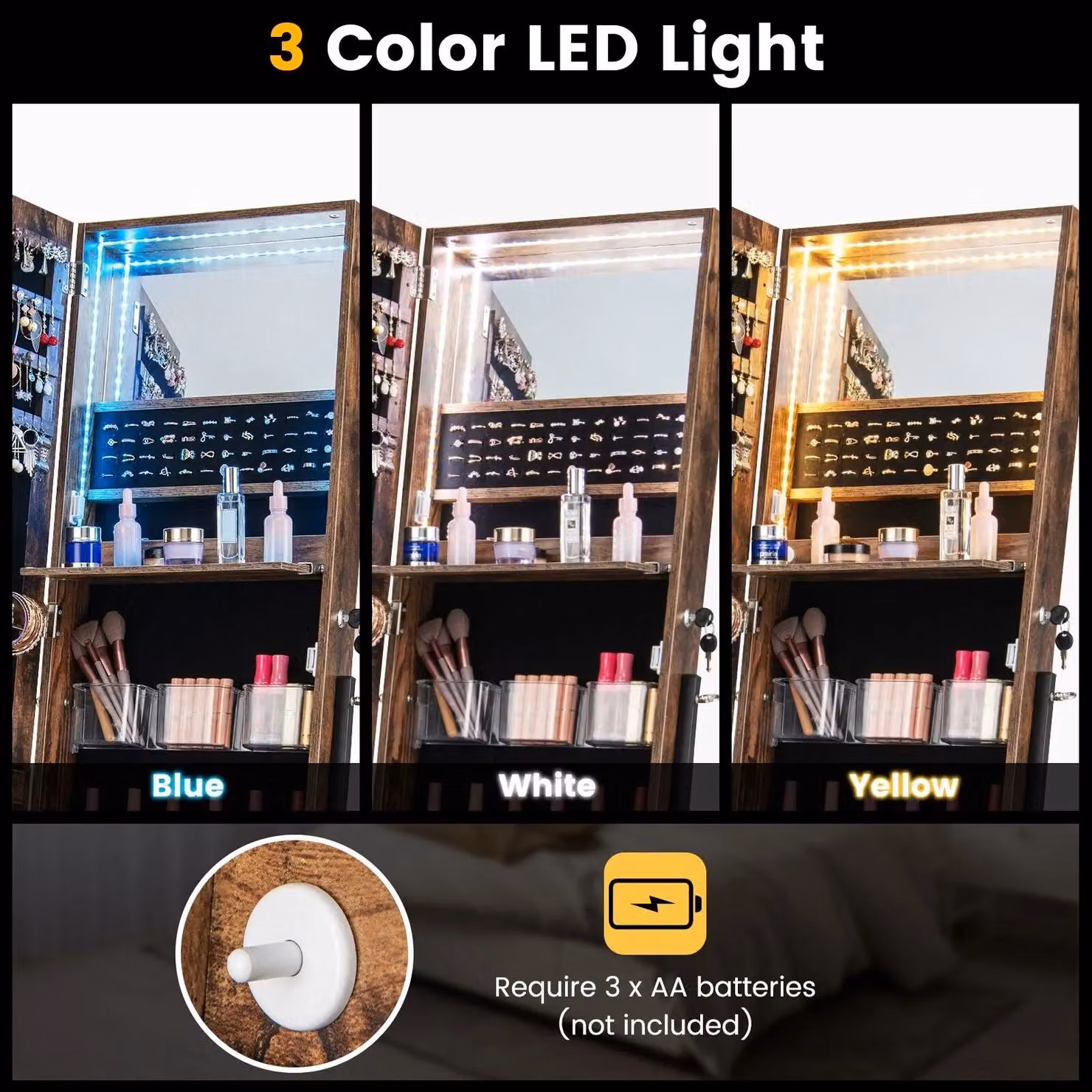 Costway Jewelry Cabinet Armoire in Brown with Full-Length Frameless Mirror, LED Lighting and Magnifying Mirror – 5