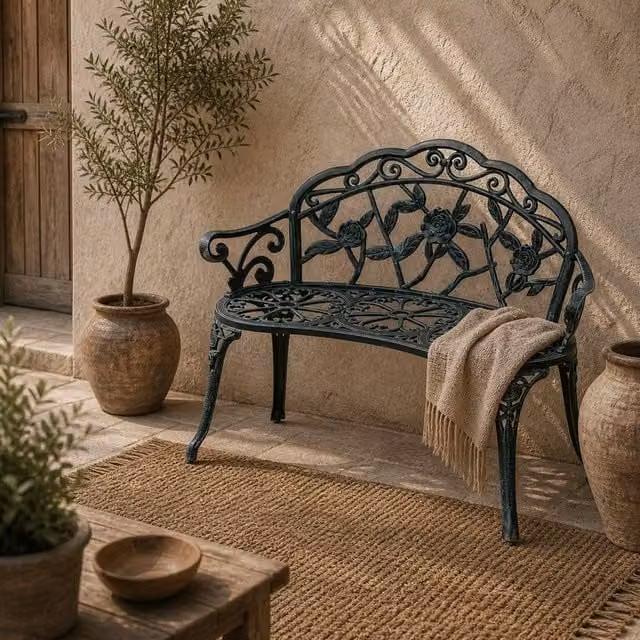Wyld Haus Rakeba 2 Seater Floral Garden Bench in Antique Green Cast Aluminium – 1