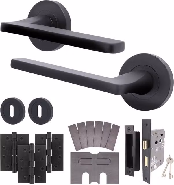 AFIT Matt Black Fire Door Handle Key Lock Set with Hinges and Screws, 150 x 150 mm – 1