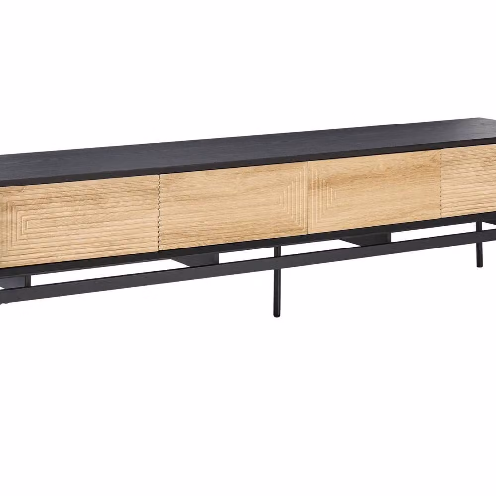 Wyld and Coco Industrial TV Stand in Light Brown Wood with Black Metal Legs, featuring 2 Doors and 4 Drawers – 2