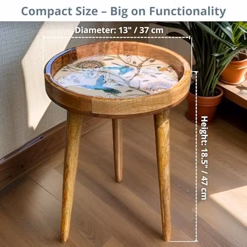 Hartsmede Hummingbird Mango Wood Round Side Table in Beige with Resin-Coated Enamel Top, W/D/H: 38 x 38 x 46 cm – 2
