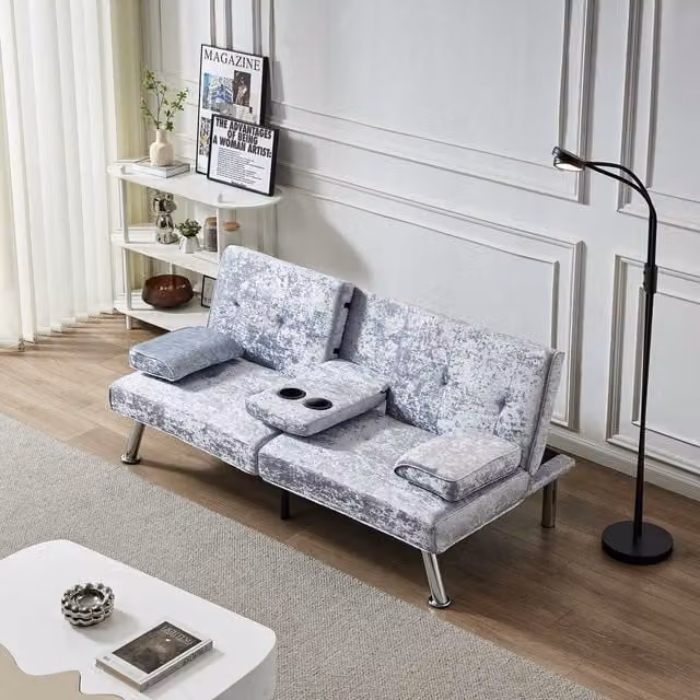 WestWood Manhattan Velvet Grey Fabric Sofa Bed Recliner with Cup Holders