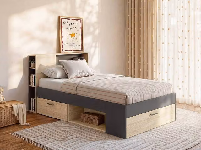 Vente-unique Single Bed with Headboard, Storage Drawers and Bed Base in Grey, W/D/H: 90 x 190 cm