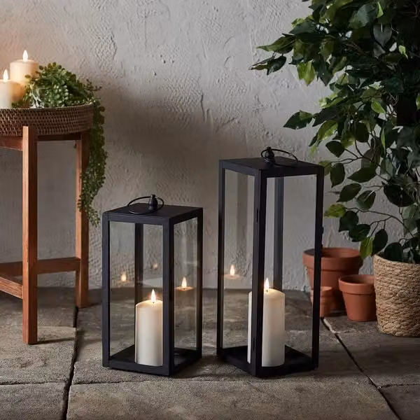 Lights4fun Bowen Black Metal Garden Lantern Duo with White TruGlow Pillar Candles