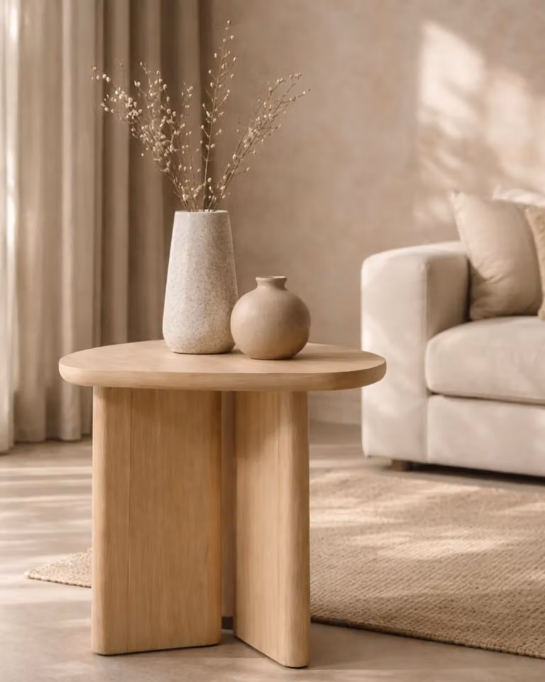 Vasto Round Oak Wood Side Table in White and Beige