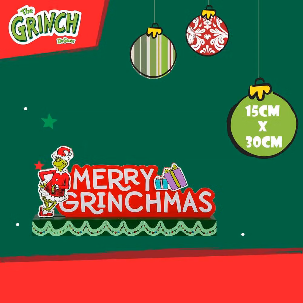 VFM e-Store Grinch Christmas Sign Decoration, Green and Multicolour Wood Tabletop Ornament, H 30 cm x W 15 cm – 2
