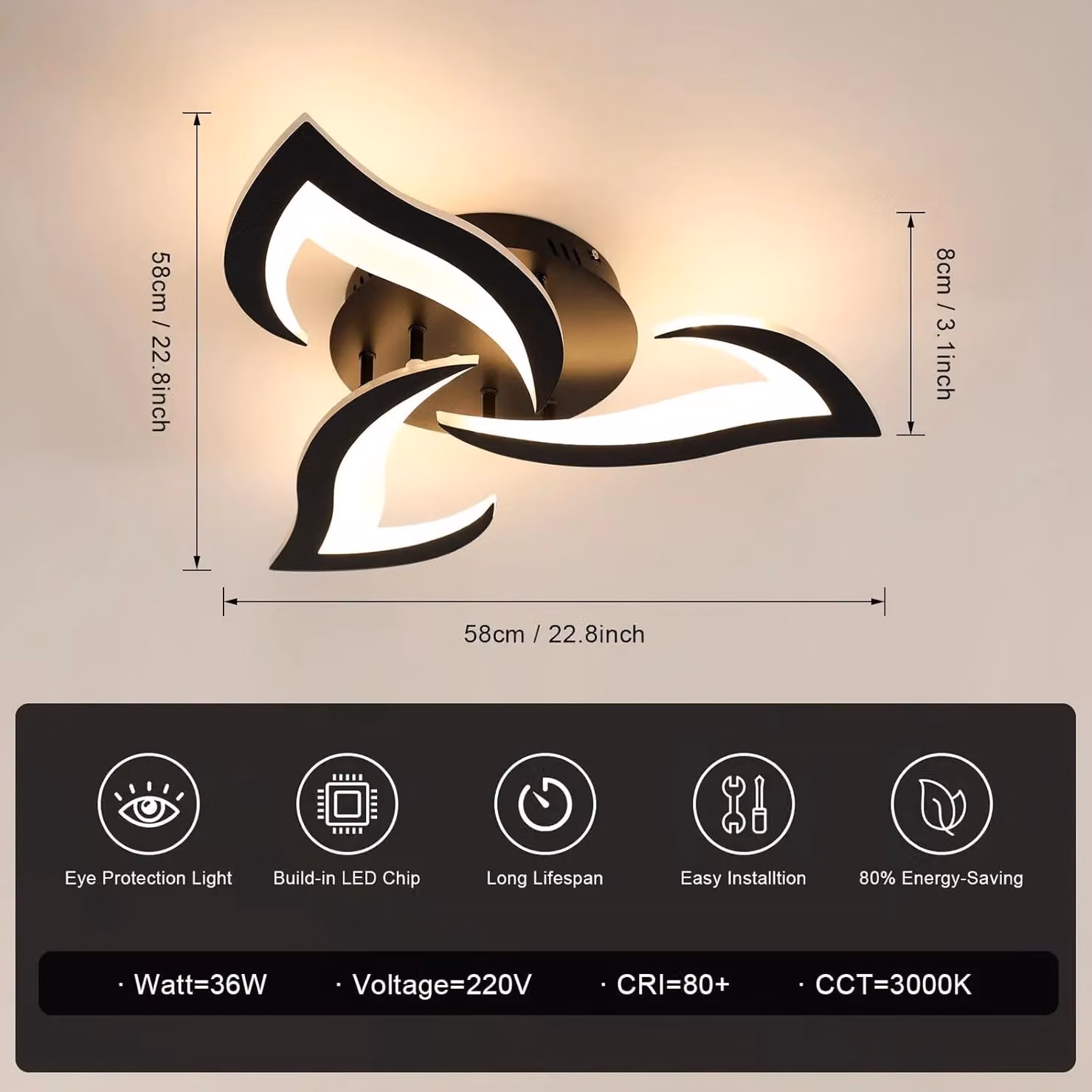 COMELY Modern 36W LED Ceiling Light in Black with 3-Light Flower Design and 3000K Warm White Glow – 2