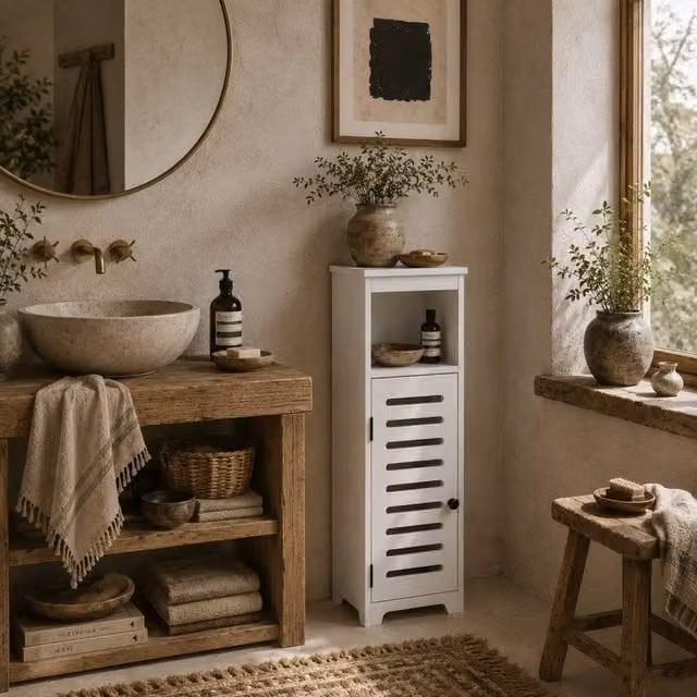 Wyld Haus Nanova White Bathroom Floor Cabinet with Louvered Roll Shutter Doors and Adjustable Internal Shelves – 1