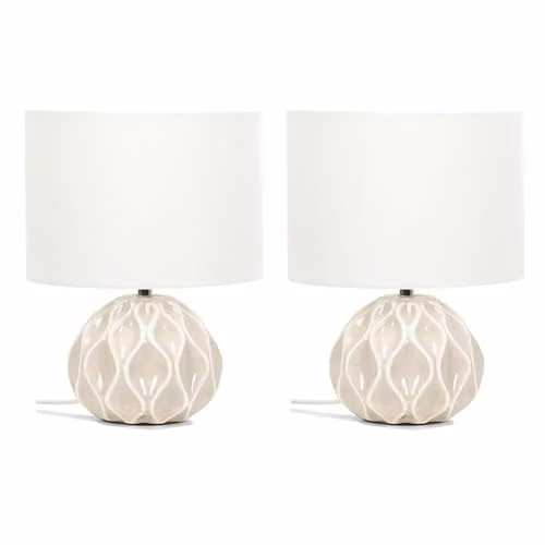 ValueLights Set of 2 Natural Textured Ceramic Table Lamps with Beige Fabric Lampshades – 1