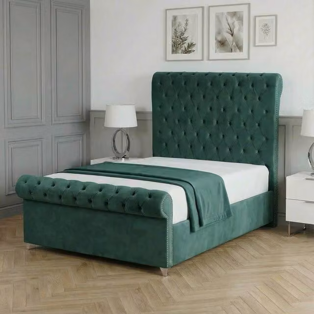 Living Comfort Bedz Regency Sleigh Ottoman Gas Lift Upholstered Velvet Bed in Green, Size: King (180 x 200 cm)