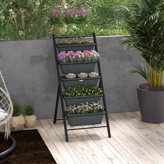 Outsunny Raised Metal Garden Bed with 5 Removable Trays for Vegetables, Flowers and Herbs in Charcoal Grey
