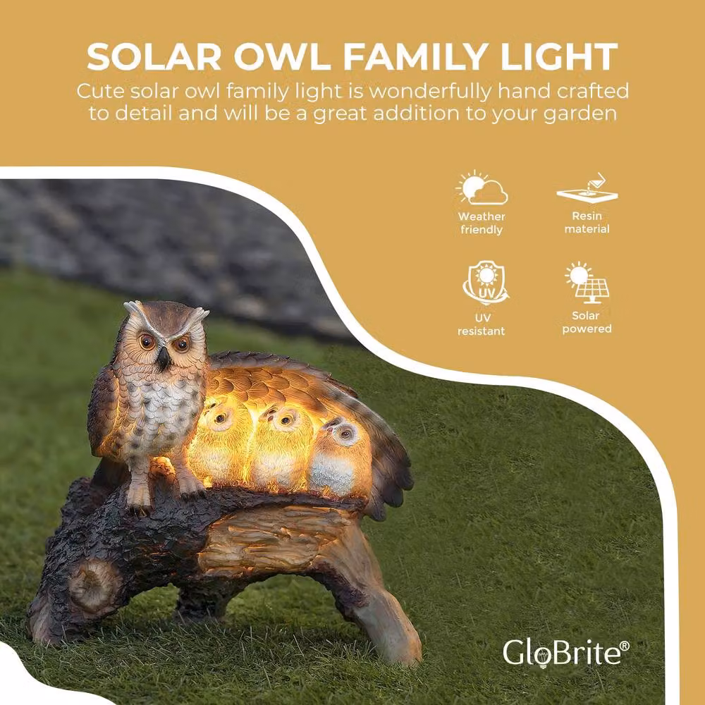 Globrite Solar Owl Family Resin Statue with LED Light, Brown and Multicolour Outdoor Garden Ornament – 4