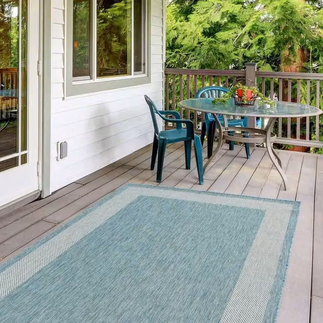 THE RUGS Aqua Bordered Outdoor and Indoor Weatherproof Rug, Turquoise, W: 120 cm, L: 170 cm – 1