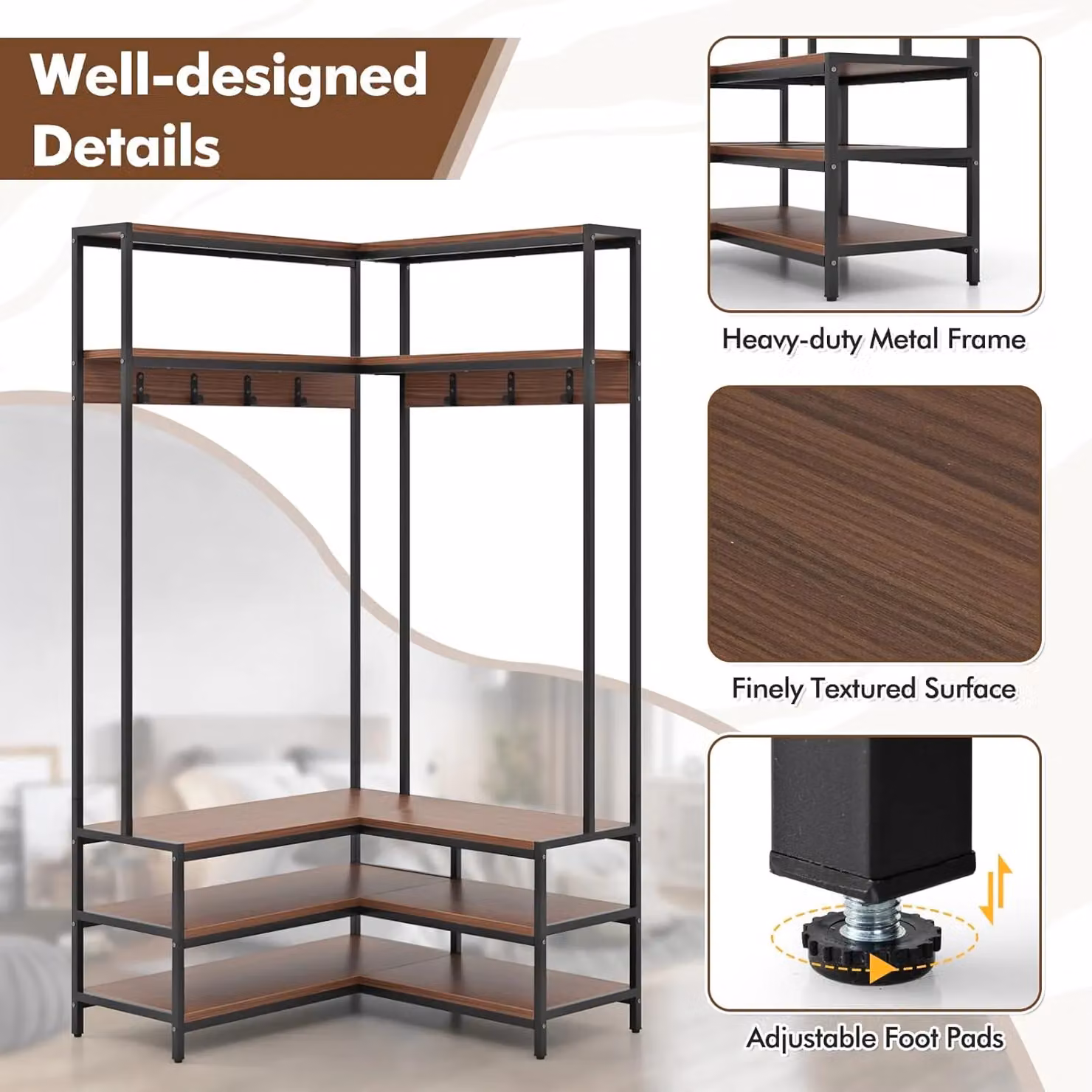 Gymax L-shaped Hall Tree with Corner Shoe Bench, Open Shelves and 7 Hooks in Dark Brown – 5