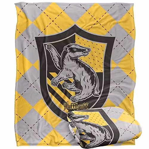 Warner Brothers Harry Potter Hufflepuff Plaid Sigil Fleece Blanket, White and Multicolour, W/D/H: 152 x 127 cm