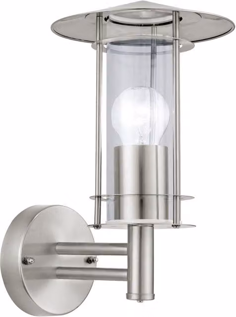 Loops IP44 Outdoor Wall Light in Silver Stainless Steel and Transparent Glass with E27 Bulb Holder