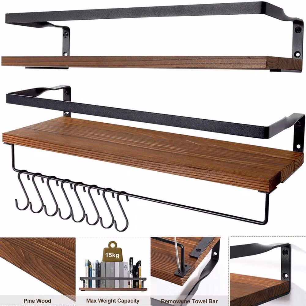 Havendro 2-Piece Brown Wooden Floating Wall Shelves with Hooks – 4