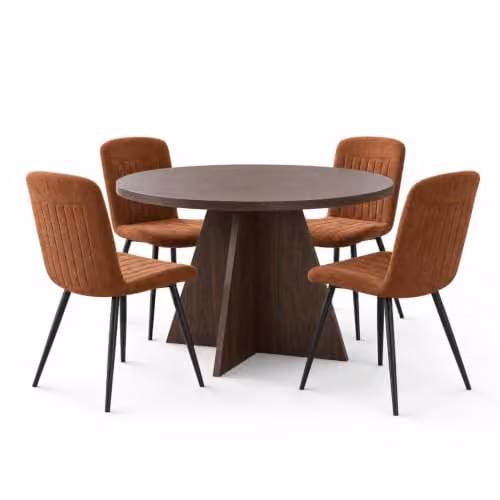 FWStyle Erin Round Walnut Dining Table and 4 Chestnut Clamshell Dining Chairs Set, Diameter: 120 cm, Brown and Black – 5