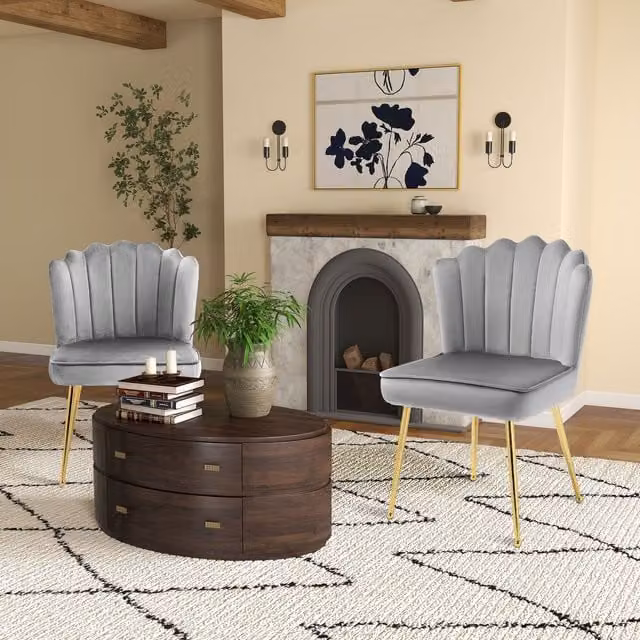 HOMCOM Set of 2 Grey Velvet Shell Accent Chairs with Gold Metal Legs for Dining Room or Bedroom – 1