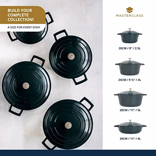 MasterClass Cast Aluminium Casserole Dish with Lid, Green, Diameter: 24 cm – 7
