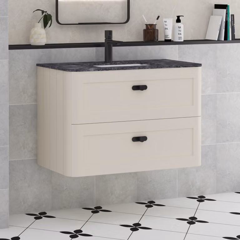 Royal Bathrooms Henley 800mm Wall Hung Vanity Unit in Mushroom Cashmere with Black Star Stone Top and 2 Drawers