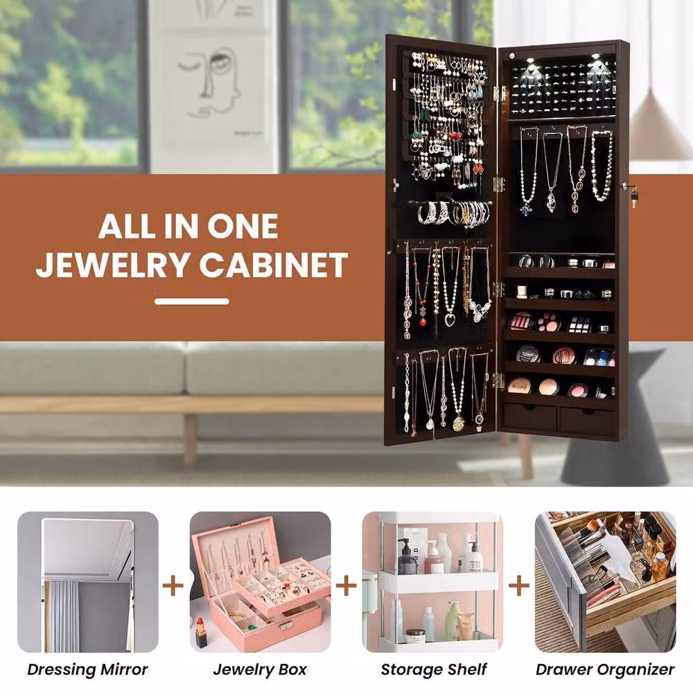 Costway 2-in-1 Wall Mounted Mirror Jewelry Cabinet and Armoire with LED Lighting in Brown – 7