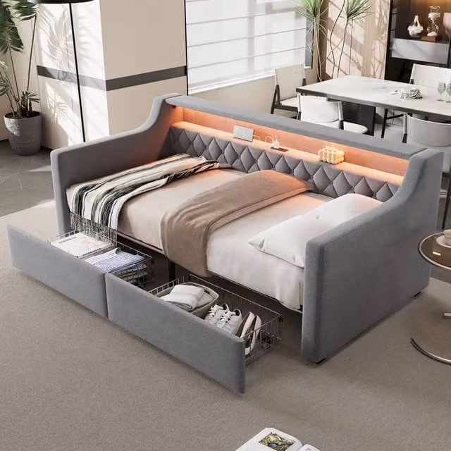 Merax Grey Velvet Single Daybed Sofa Bed with LED Lights, USB Ports and 2 Drawers, W/D/H: 190 x 90 x 74 cm – 1