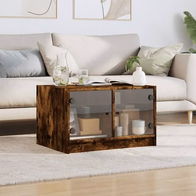 Berkfield Home Modern Coffee Table with Glass Doors in Smoked Oak Brown, W/D/H: 68 x 50 x 42 cm