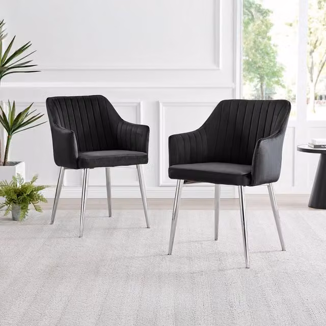 FurnitureboxUK Calla Modern Dining Chairs in Black Velvet with Chrome Metal Frame, Set of 2