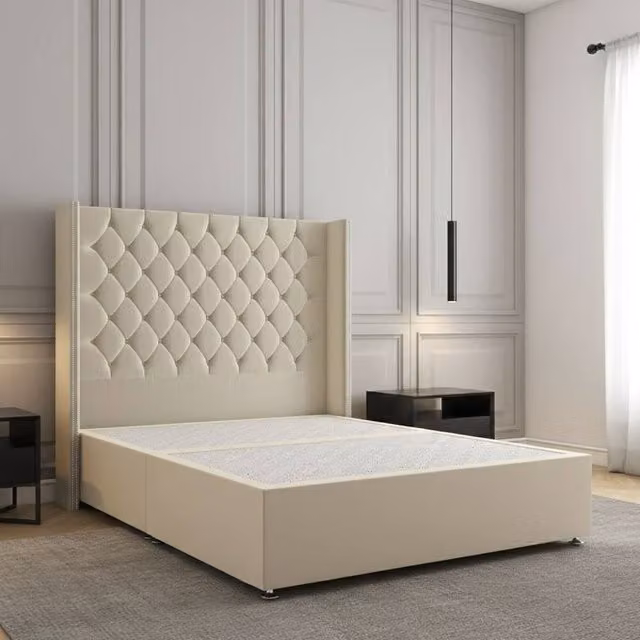 Regional Furnishings Luxury Super King Divan Bed with 54 inch Plush Velvet Headboard in Beige, W/D/H: 200 x 160 x 30.48 cm
