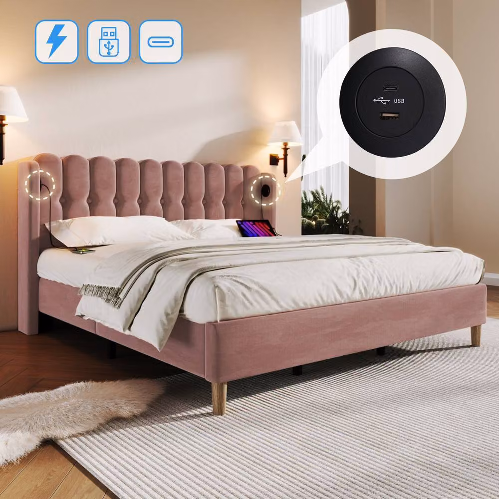 Rolipo Pink Velvet Double Bed with USB and Type-C Charging Ports, W/D/H: 140 x 200 x 103 cm – 4