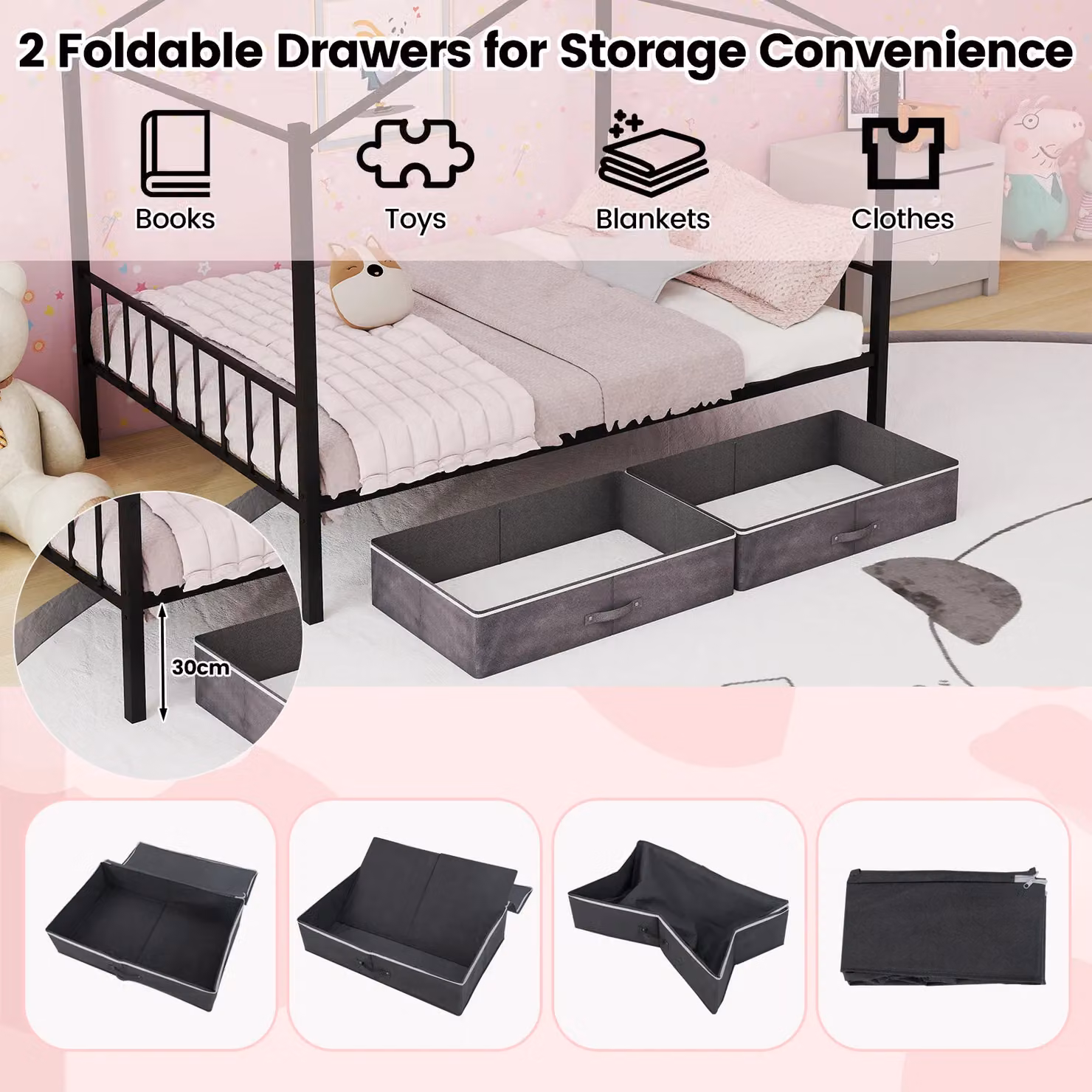 Costway Double Size House Bed with 2 Drawers, Heavy-Duty Metal Platform Bed in Black, W/D/H: 140 x 200 cm – 5