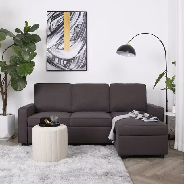 Home Garden Direct Selene L-Shape Corner Sofa Bed in Dark Grey Linen Fabric with Pull-out Drawer and Solid Wood Frame