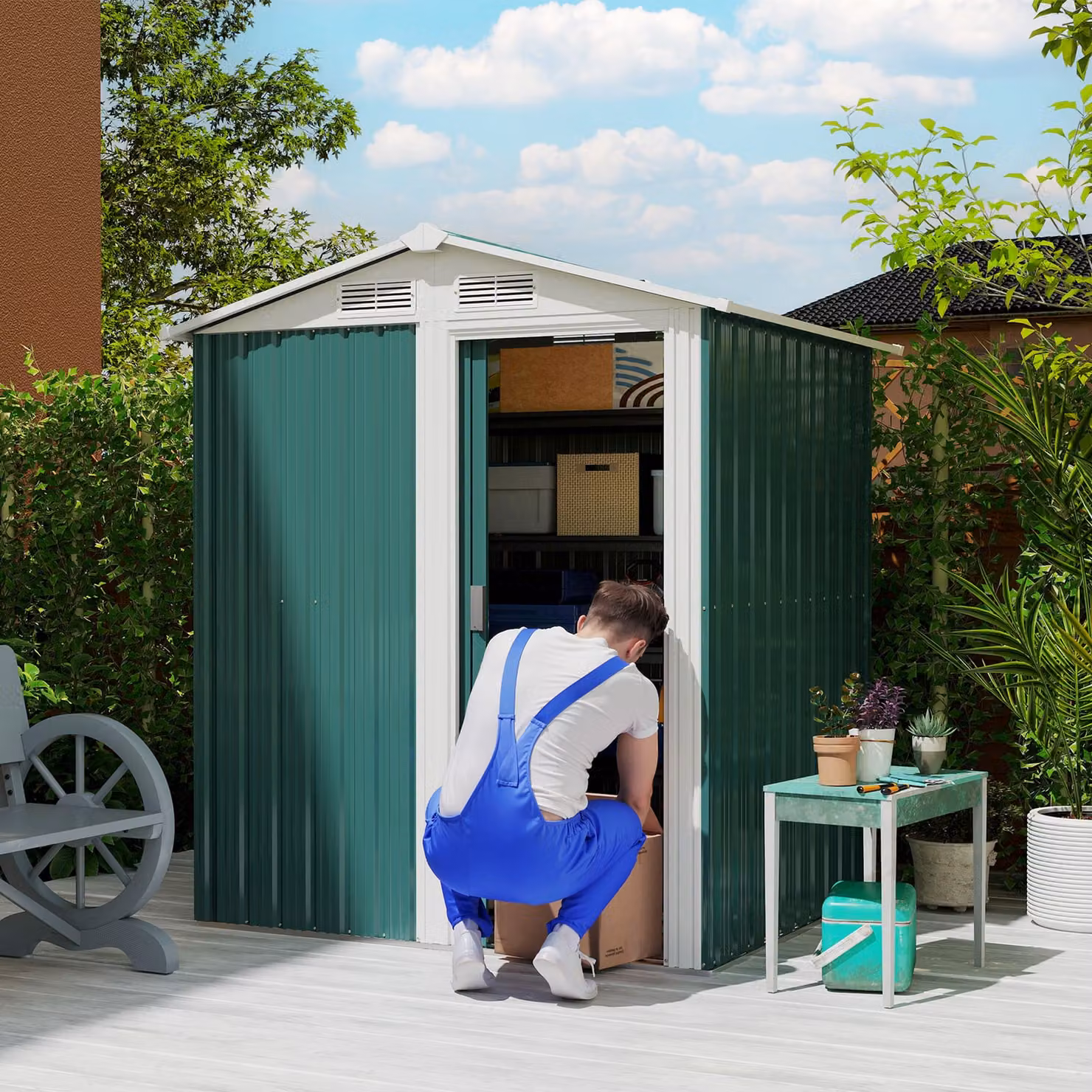 Outsunny Green Metal Garden Storage Shed with Sliding Door and Pent Roof, W: 130 cm, D: 130 cm, H: 188 cm – 1
