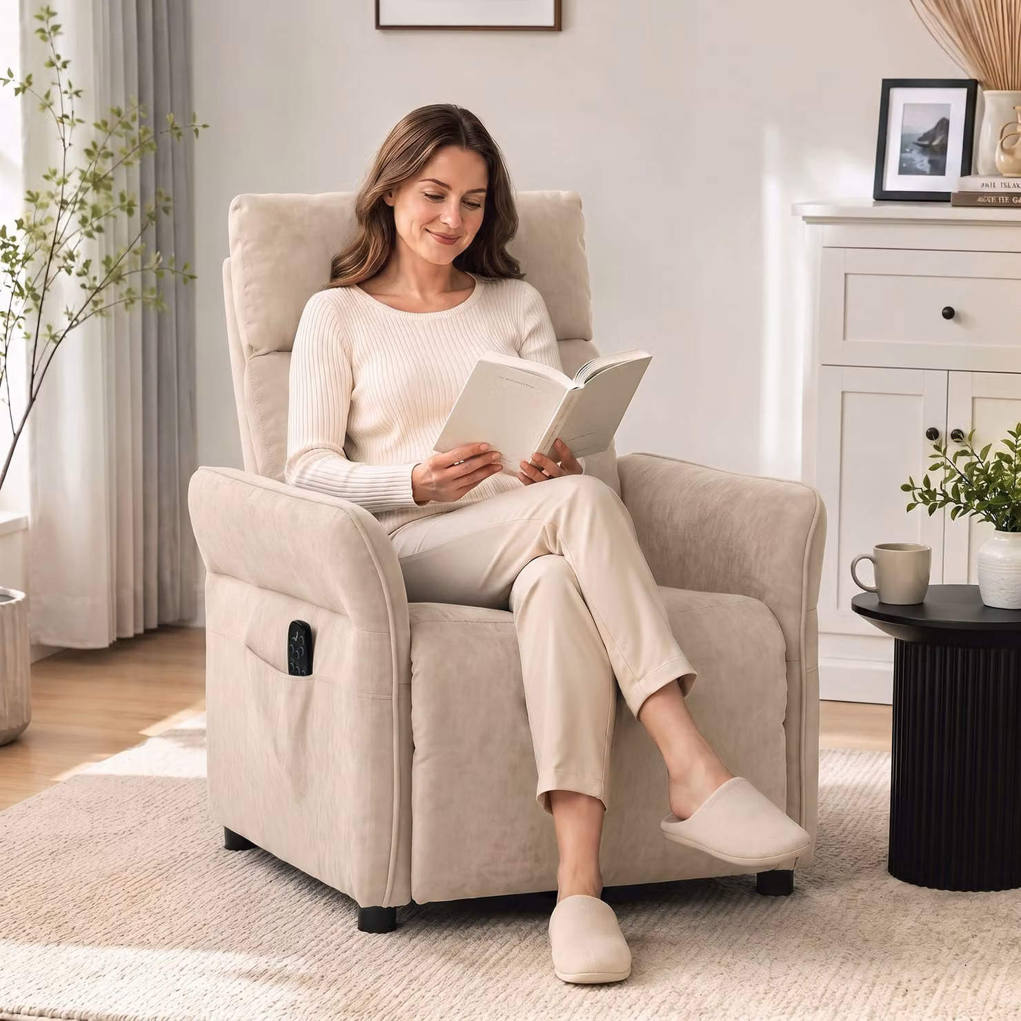 HOMCOM Beige Fabric Recliner Armchair with Massage, Heat and Adjustable Armrests – 3