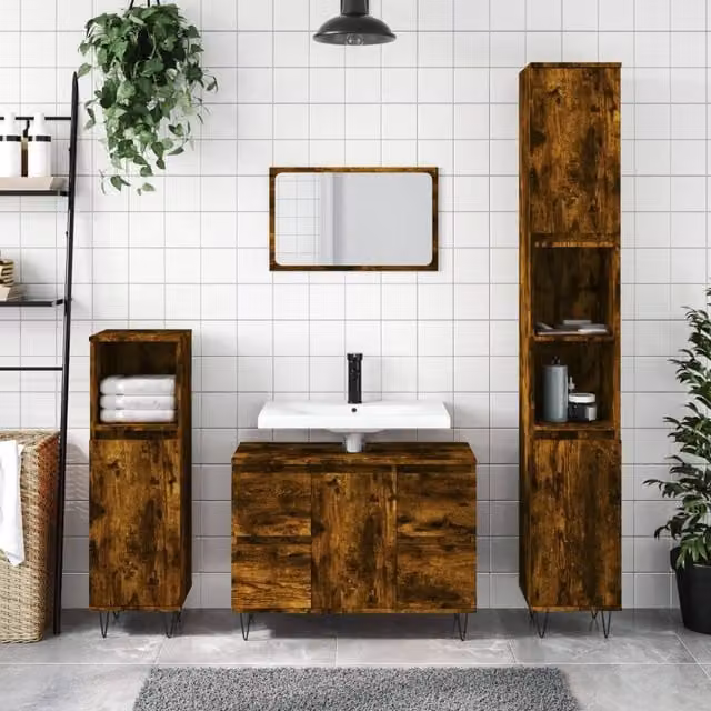 Berkfield Home Smoked Oak Bathroom Cabinet in Brown, W: 80 cm, D: 33 cm, H: 60 cm – 1