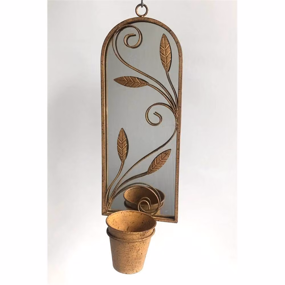 Nordara Rusty Metal Arched Garden Mirror with Floral Planter Pot in Brown, H 100 cm x W 15 cm – 5