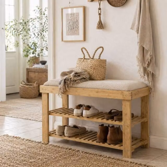 Wyld Haus Fisuso Bamboo Shoe Bench in White with Cushioned Seat