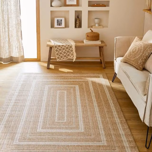 Sweekeek beige and white geometric patterned indoor and outdoor jute effect rug, W/D: 120 x 160 cm