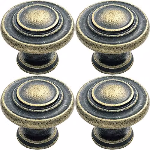 Loops 4 Pack Round Ringed Pattern Door Knob in Antique Brass, Diameter: 32 mm – 1