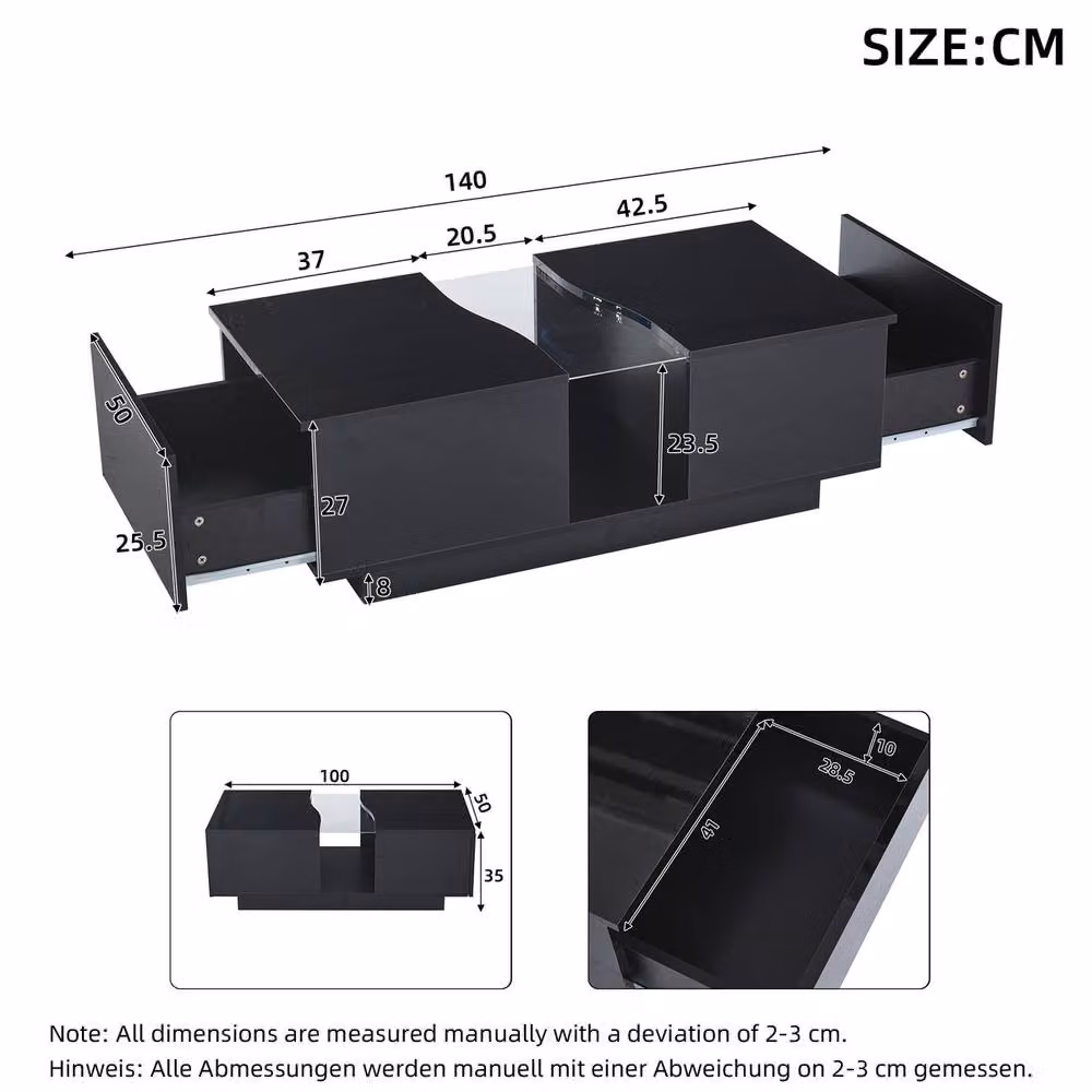 Rolipo Modern Black High Gloss LED Coffee Table with Storage Drawers W/D/H: 140 x 50 x 40 cm – 4